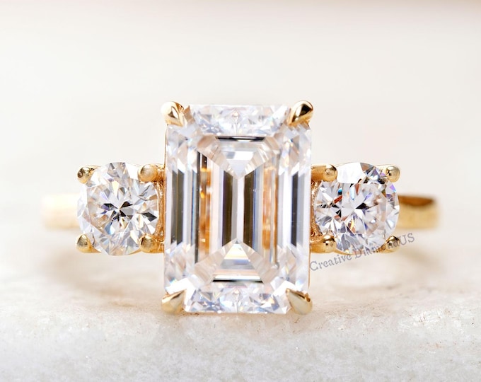 Carat Emerald Cut Moissanite Three Stone Engagement Ring, Side Round Cut Diamond Trilogy Wedding Ring, 14K Solid Yellow Gold Handmade Ring