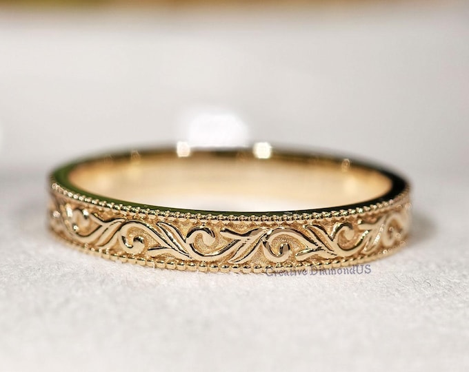 Art Deco Wedding Band, Vintage Filigree Pattern Plain Gold Stackable Promise Band, 14K Solid Yellow Gold Milgrain Anniversary Band
