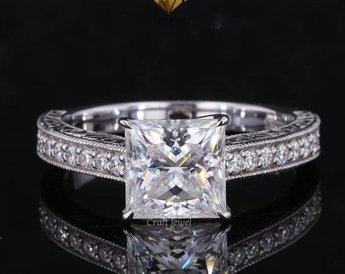 Vintage Style Art Deco Milgrain Solitaire Ring, Princess Cut Moissanite Engagement Ring, Antique Art Deco Solitaire With Accent Wedding Ring
