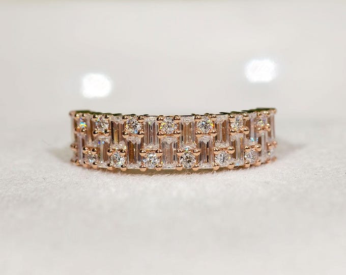 Baguette And Round Cut Moissanite Diamond Half Eternity Wedding Band, Solid Rose Gold Stacking Anniversary Band, Art Deco Statement Band