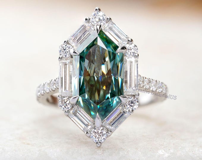 Dutch Marquise Cyan Blue Moissanite Diamond Ring, Baguette And Round Diamond Luxurious  Halo Wedding Ring, Cathedral Shank Anniversary Ring