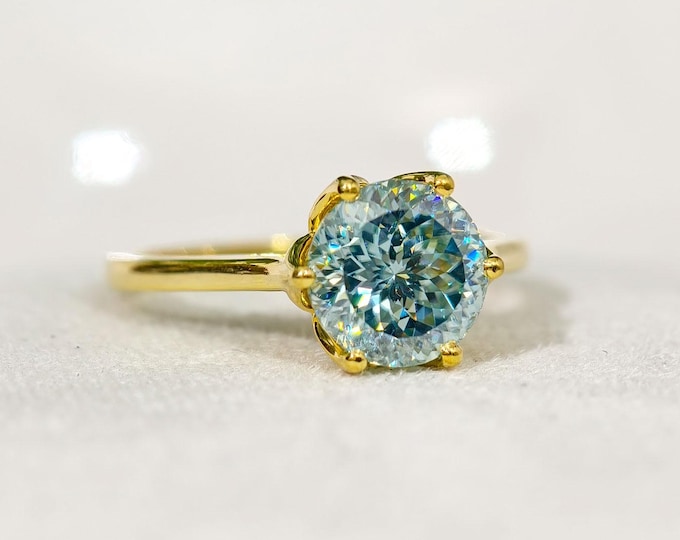 Cayn Blue Portuguese Round Cut Moissanite Engagement Ring, Tulip Petal Prong Set Wedding Ring, Solitaire Diamond Modern Bridal Jewelry