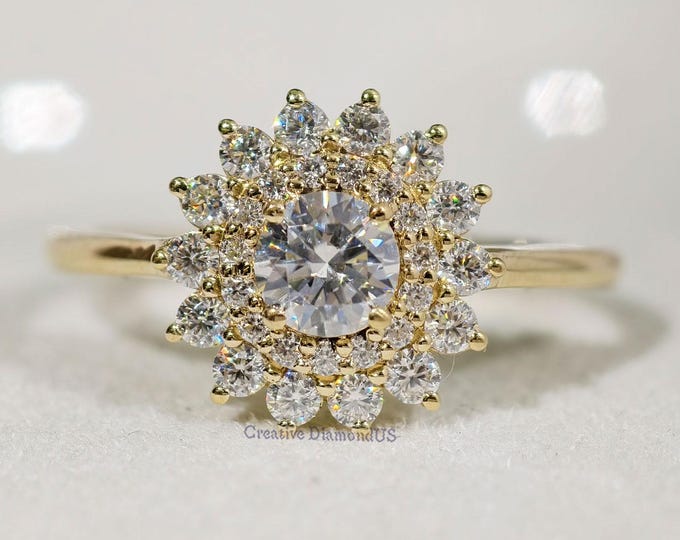 Vintage Style Round Cut Moissanite Diamond Starburst Engagement Ring, Unique Double Halo Wedding Ring, 14K Gold Anniversary Ring For Her