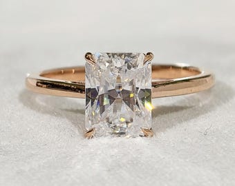 Radiant Cut Moissanite Engagement Ring, Four Claw Prong Set Solitaire Diamond Rose Gold Anniversary Ring, Open Shank Handmade Bridal Jewelry