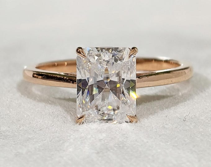 Radiant Cut Moissanite Engagement Ring, Four Claw Prong Set Solitaire Diamond Rose Gold Anniversary Ring, Open Shank Handmade Bridal Jewelry