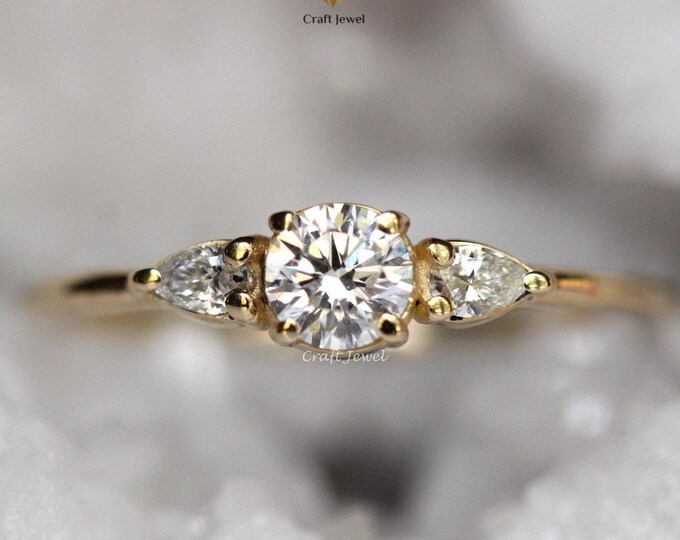 Engagement Ring | Classic Art Deco Three-Stone Moissanite with Pear Cut Diamonds & Wedding Band, Anniversary Gift