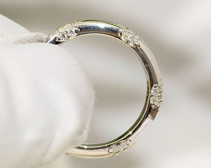 Round Cut Lab Grown Diamond Wedding Band, Flush Set Minimalist Stackable Women's Band, Full Eternity Matching Band For Engagement Ring