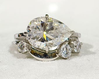 Pear Cut Hidden Halo Moissanite Wedding Ring Set, East West Engagement Ring With Curved Matching Band, 14K Solid White Gold Bridal Set