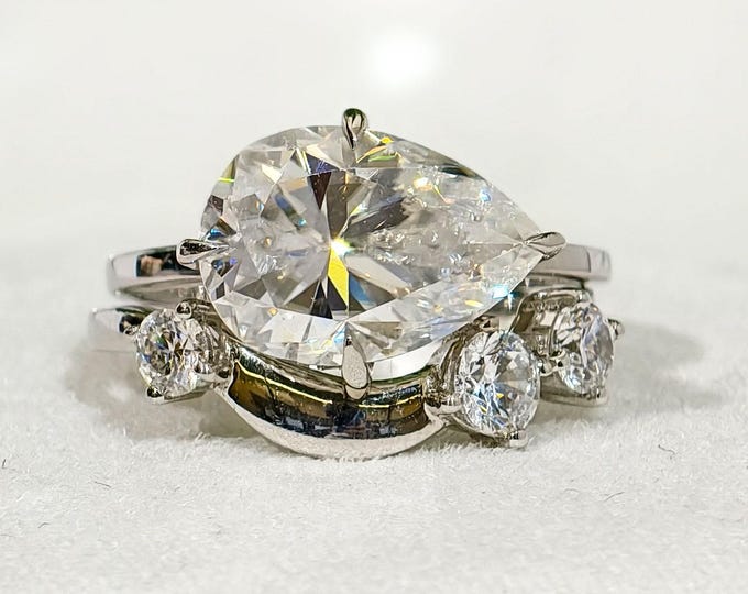 Pear Cut Hidden Halo Moissanite Wedding Ring Set, East West Engagement Ring With Curved Matching Band, 14K Solid White Gold Bridal Set