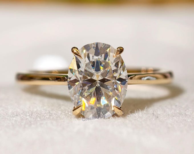 Oval Cut Moissanite Engagement Ring, Four Claw Prong Set Solitaire Diamond Wedding Ring, Cathedral Shank Luxurious Anniversary Gift