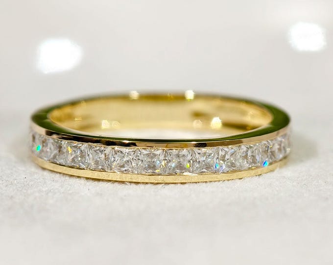 Princess Cut Moissanite Wedding Band, Unique Channel Set Half Eternity Stackable Matching Band, 14K Solid Gold Comfort Fit Bridal Band