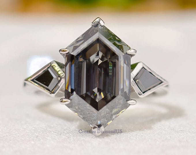 Three Stone Grey Hexagon Cut Moissanite Engagement Ring, Side Black Kite Cut Promise Ring, Unique Step Cut Trilogy Wedding Ring
