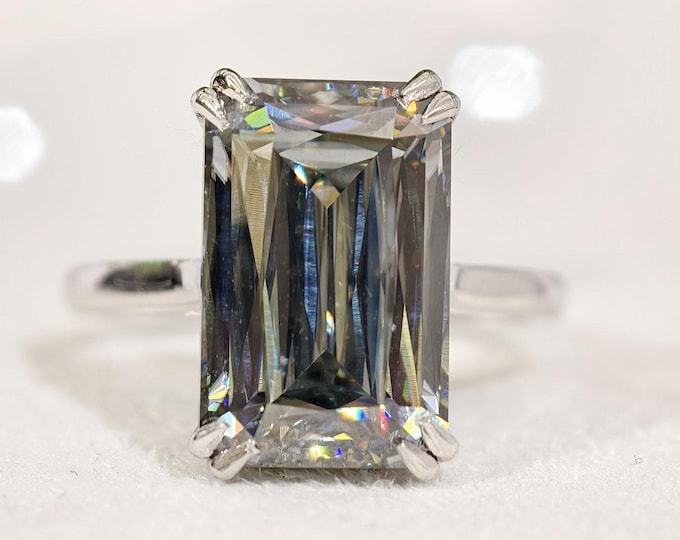 Hidden Halo Grey Moissanite Ring, 7 CT Emerald Criss Cut Double Claw Prong Set Anniversary Ring,  Elegant Engagement And Wedding Jewelry