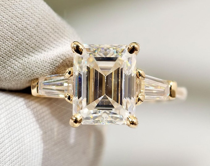 Three Stone Emerald Cut Engagement Ring, Side Tapper Baguette Cut Moissanite Ring