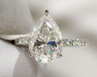 3 Carat Pear Cut Moissanite Engagement Ring, Sparkling Hidden Halo Wedding Ring For Her, Classic Anniversary Gift, Elegant Bridal Jewelry