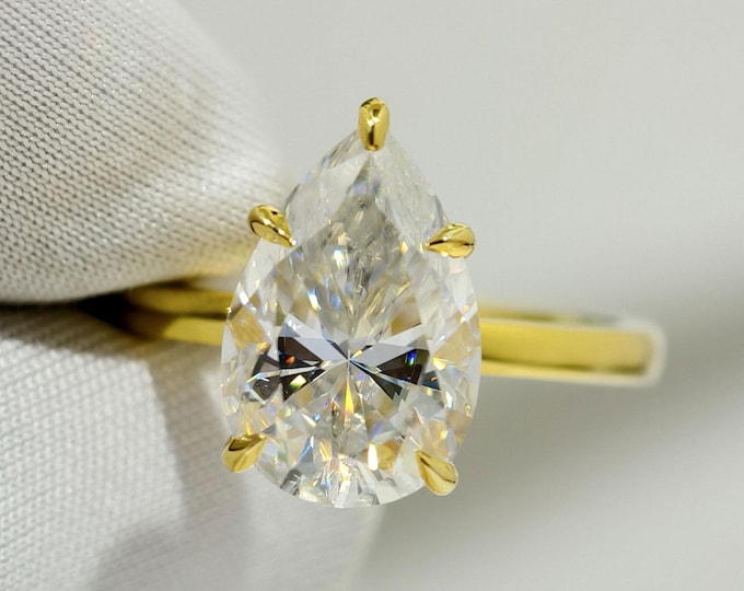 3 Ct Pear Cut Moissanite Engagement Ring, Teardrop Shape Hidden Halo Anniversary Ring, Classic Solitaire Diamond Wedding Ring In Solid Gold