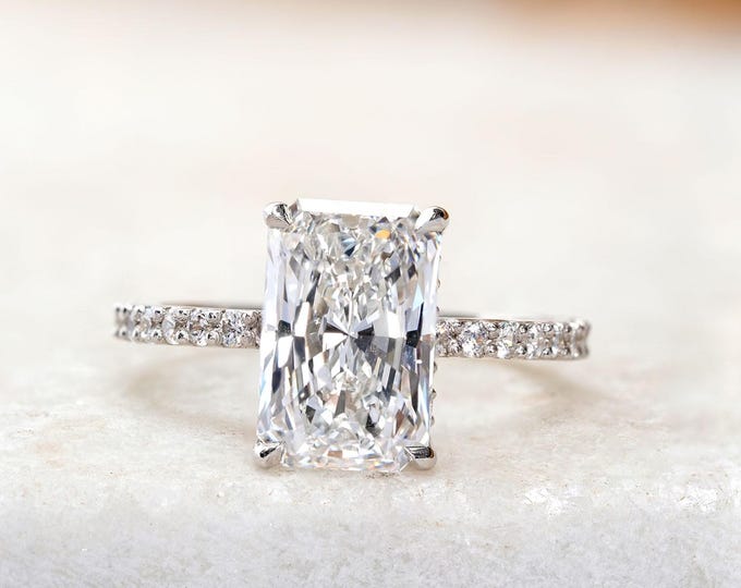 Radiant Cut Diamond Lab Grown Diamond Hidden Halo Engagement Ring, Four Claw Prong Set IGI Certified CVD Diamond Solitaire Anniversary Ring