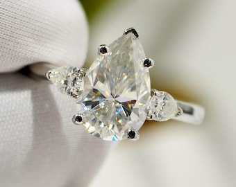 IGI Certified 2 Carat Pear Cut Lab Grown Diamond Engagement Ring, Teardrop Cut Trinity Diamond Wedding Ring