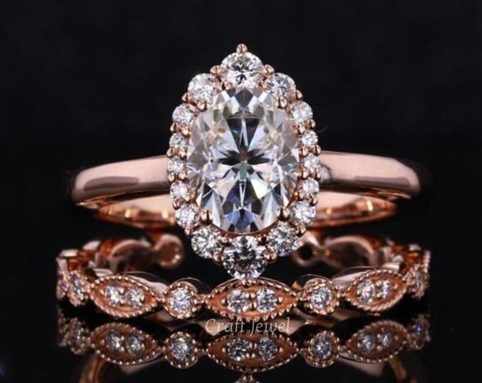 1.50 CT Oval Cut Moissanite Wedding Ring Set, Art Deco Halo & Gap Eternity Band | Elegant Anniversary Gift