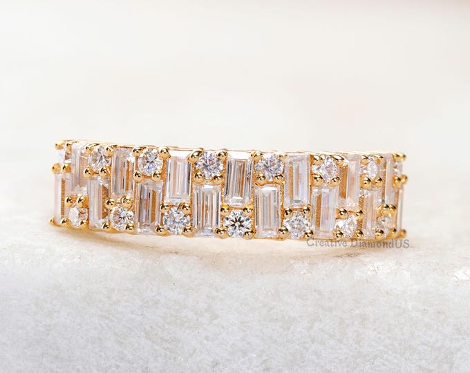 Baguette And Round Cut Moissanite Diamond Half Eternity Wedding Band, Solid Yellow Gold Stacking Anniversary Band, Art Deco Statement Band