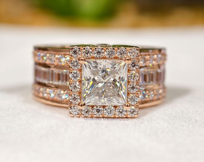 2 CT Luxury Princess Cut Moissanite Engagement Ring, Baguettes Diamond Channel Set Three Raw Pave Setting Wide Band Cocktail Wedding Ring