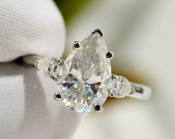 IGI Certified 2 Carat Pear Cut Lab Grown Diamond Engagement Ring, Teardrop Cut Trinity Diamond Wedding Ring