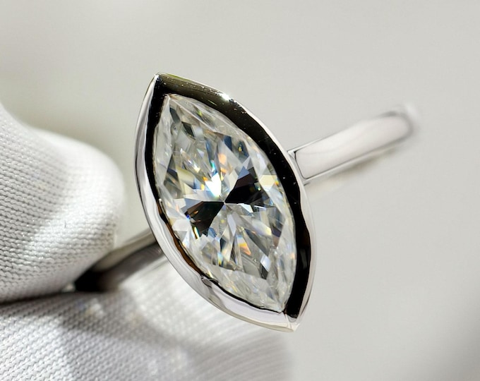 Bezel Set Marquise Cut Moissanite Engagement Ring, Solitaire Diamond Cathedral Shank Proposal Ring, 14K Solid Gold Minimal Anniversary Gift