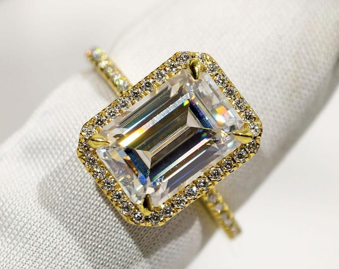 IGI Certified Emerald Cut Lab Grown Diamond Engagement Ring, Halo & Pave Setting Wedding Ring For Her