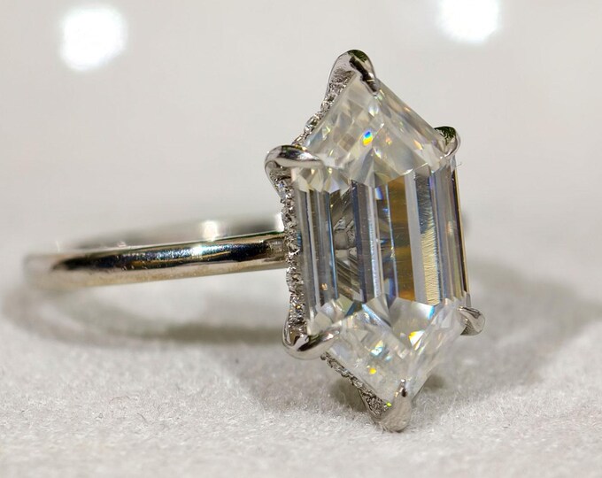 Hexagon Step Cut Moissanite Engagement Ring, Hidden Halo Wedding Ring, Six Claw Prong Set Invisible Halo Elegant Anniversary Gift