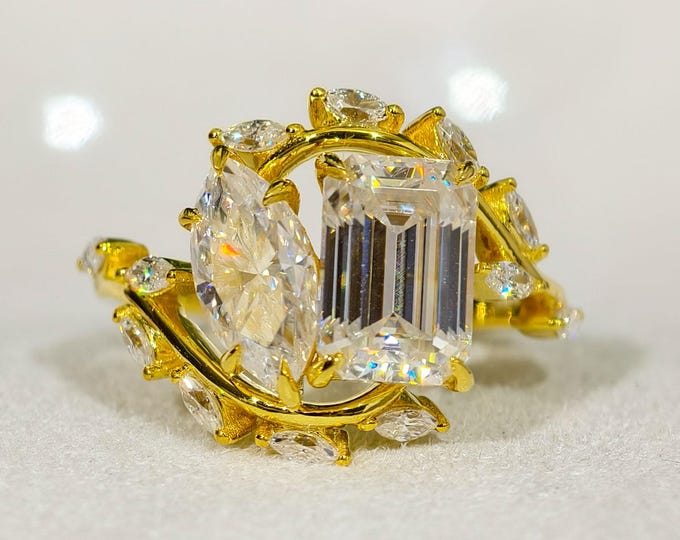 Emerald & Marquise Cut Moissanite Two Stone Engagement Ring Nature Inspired Leaf And Vine Wedding Gift Ring, Bypass Shank Toi Et Moi Ring