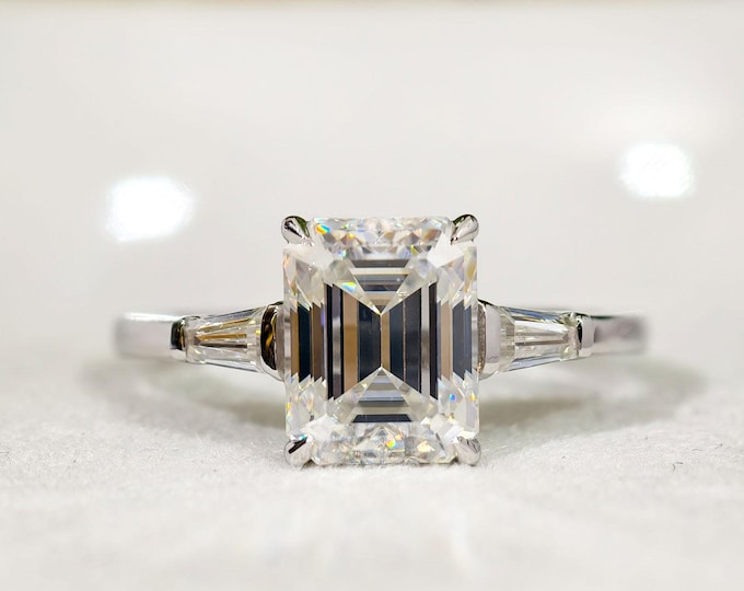 Three Stone Emerald Cut Moissanite Engagement Ring, Solitaire Moissanite Wedding Ring, Emerald Cut Side Tapper Baguette Cut Anniversary Ring