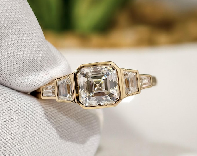 Timeless Asscher Cut Moissanite Engagement Ring, Five Stone Bezel Setting Wedding Ring With Tapper Side Stones, Exclusive Yellow Gold Ring
