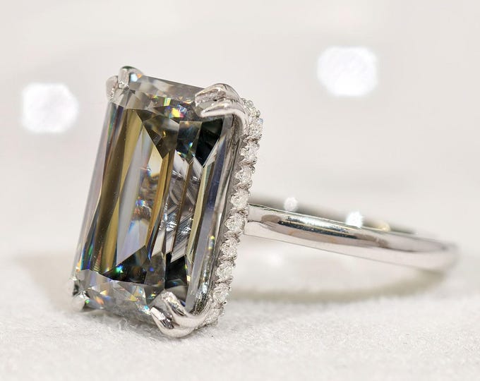 7 CT Gray Emerald Criss Cut Moissanite Engagement Ring, Solitaire Hidden Halo Diamond Ring, Unique Double Prong Cathedral Shank Wedding Ring