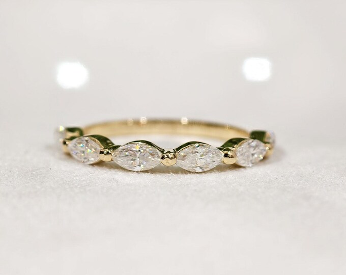Delicate Marquise Cut Half Eternity Gold Band, East West Moissanite Diamond Promise Band, Minimalist Stackable Wedding Anniversary Jewelry