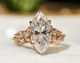 Marquise Cut Moissanite Engagement Ring, Leaf And Vine Designer Wedding Ring, Floral Art Deco Nature Inspired Hidden Halo Anniversary Gift