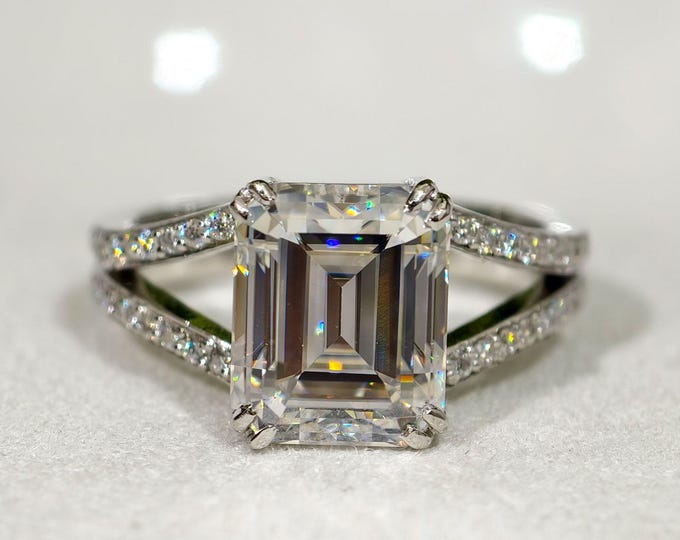Emerald Cut Moissanite Split Shank Engagement Ring, 14K Solid White Gold Double Claw Prong Setting Wedding Ring, Handmade Anniversary Ring