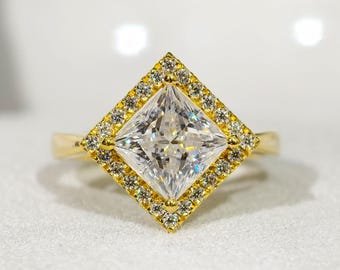 East West Princess Cut Moissanite Diamond Engagement Ring, Yellow Gold Cathedral Setting Halo Proposal Ring, Unique Designer Customized Ring