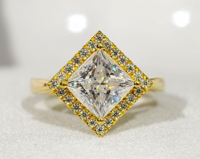 East West Princess Cut Moissanite Diamond Engagement Ring, Yellow Gold Cathedral Setting Halo Proposal Ring, Unique Designer Customized Ring