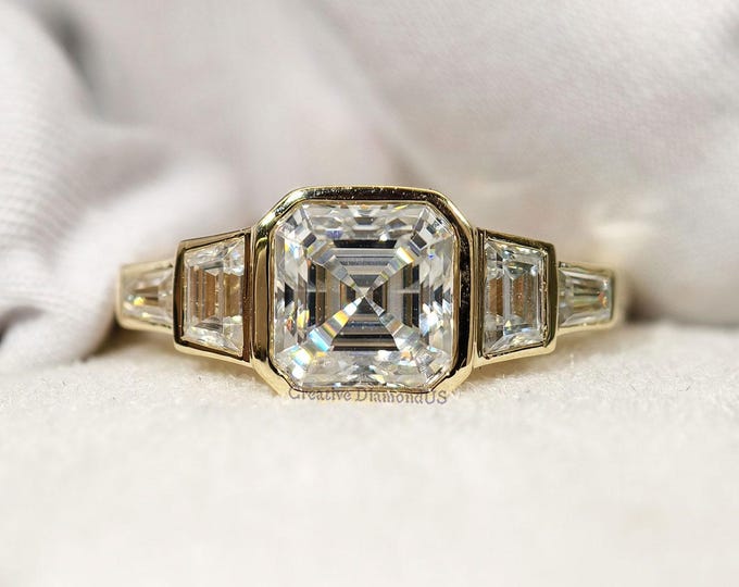 1.5 Carat Asscher Cut Moissanite Five Stone Engagement Ring, Bezel Set Statement Ring,  Side Trapezoid Anniversary Ring, Modern Promise Ring