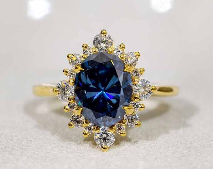 2 CT Oval Cut Blue Moissanite Wedding Ring With Unique Cluster Halo And Decorative Prong Engagement Ring, Anniversary Gift For Her