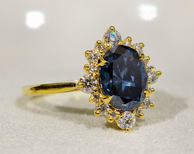 Blue Oval Cut Moissanite Unique Engagement Rings, Four Claw Prong Set Cluster Halo Wedding Ring, Affordable Women Ring For All Occasions