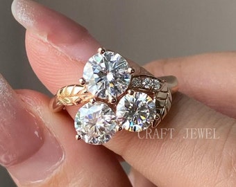 Three Stone Round Cut 3.50 TCW Colorless Moissanite Engagement Ring Vintage  Anniversary Ring Classic Wedding Ring Gift Jewelry for Women