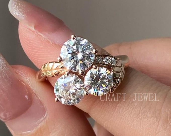 Three Stone Round Cut 3.50 TCW Colorless Moissanite Engagement Ring Vintage  Anniversary Ring Classic Wedding Ring Gift Jewelry for Women