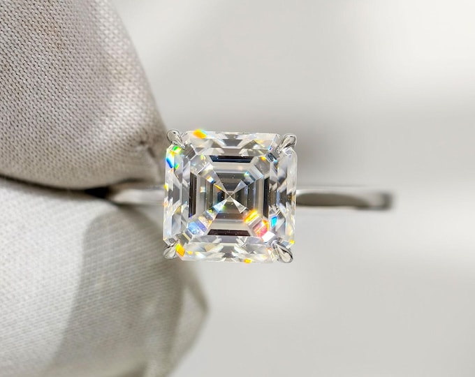 Asscher Cut Solitaire Engagement Ring, Asscher Cut Moissanite Hidden Halo Engagement Ring, Anniversary Gift Ring For Women, promise Ring