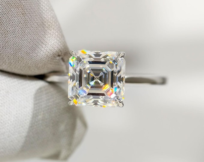 Asscher Cut Moissanite Engagement Ring, Hidden Halo Wedding Ring, Four Claw Prong Set Solitaire Diamond Custom Anniversary Gift For Wife