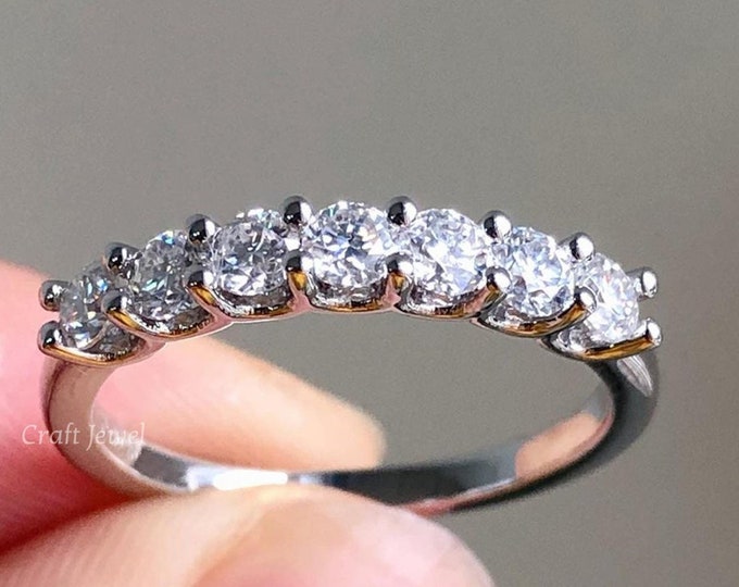 14K Solid White Gold Half Eternity Band, Round Cut Moissanite Wedding Band, Stackable Halfway Promise Ring, Anniversary Gift for Women