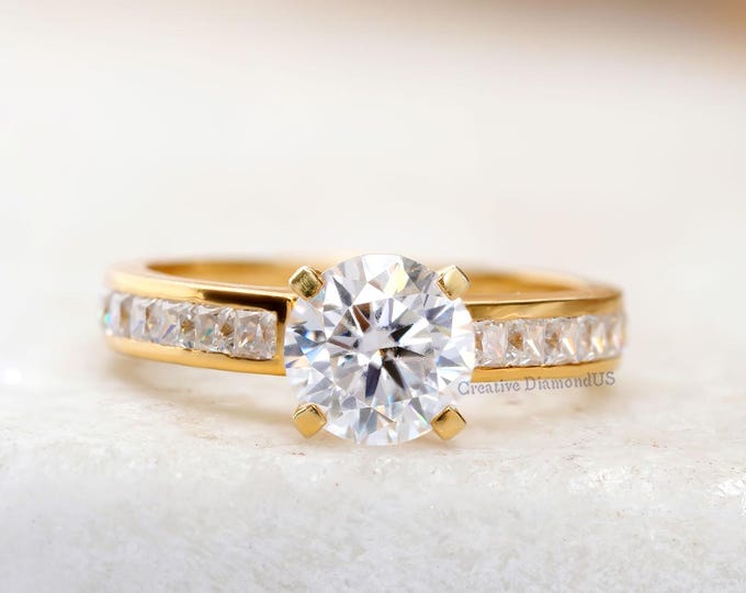1.25 CT Round Cut Moissanite Solitaire With Accent Engagement Ring, Side Princess Diamond Channel Setting Shank Four Prong Set Wedding Ring