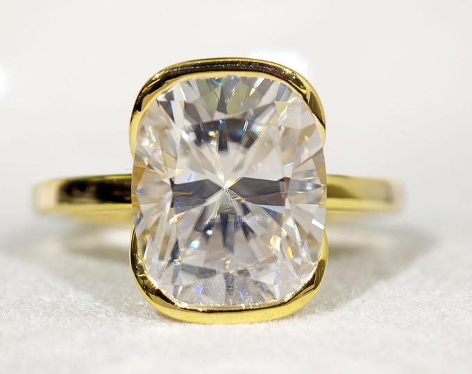 Elongated Cushion Cut Moissanite Engagement Ring, Half Bezel Setting Solitaire Diamond Wedding Ring, Trending Luxurious Gold Jewelry