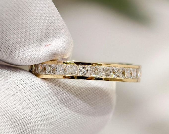 Channel Set Princess Diamond Wedding Band, Half Eternity Lab Grown Diamond Promise Band, Stackable Band For Engagement Ring