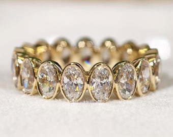 Oval Cut Moissanite Bezel Set Full Eternity Wedding Band, Stackable Eternity Band, Minimalist Matching Band, Anniversary Band Gift For Her